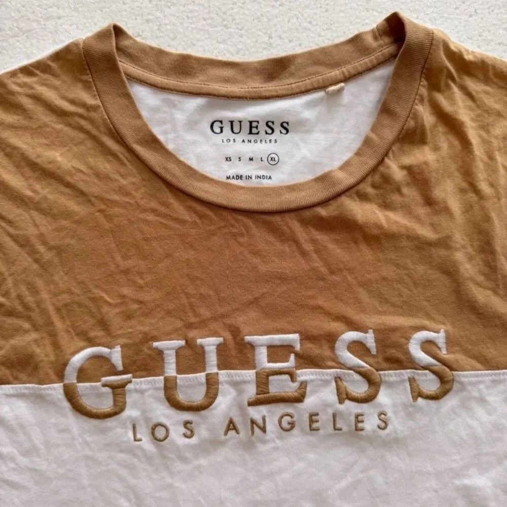 Guess Los Angeles Colorblock T-Shirt Mens XL Beige White Embroidered Logo - Picture 2 of 10